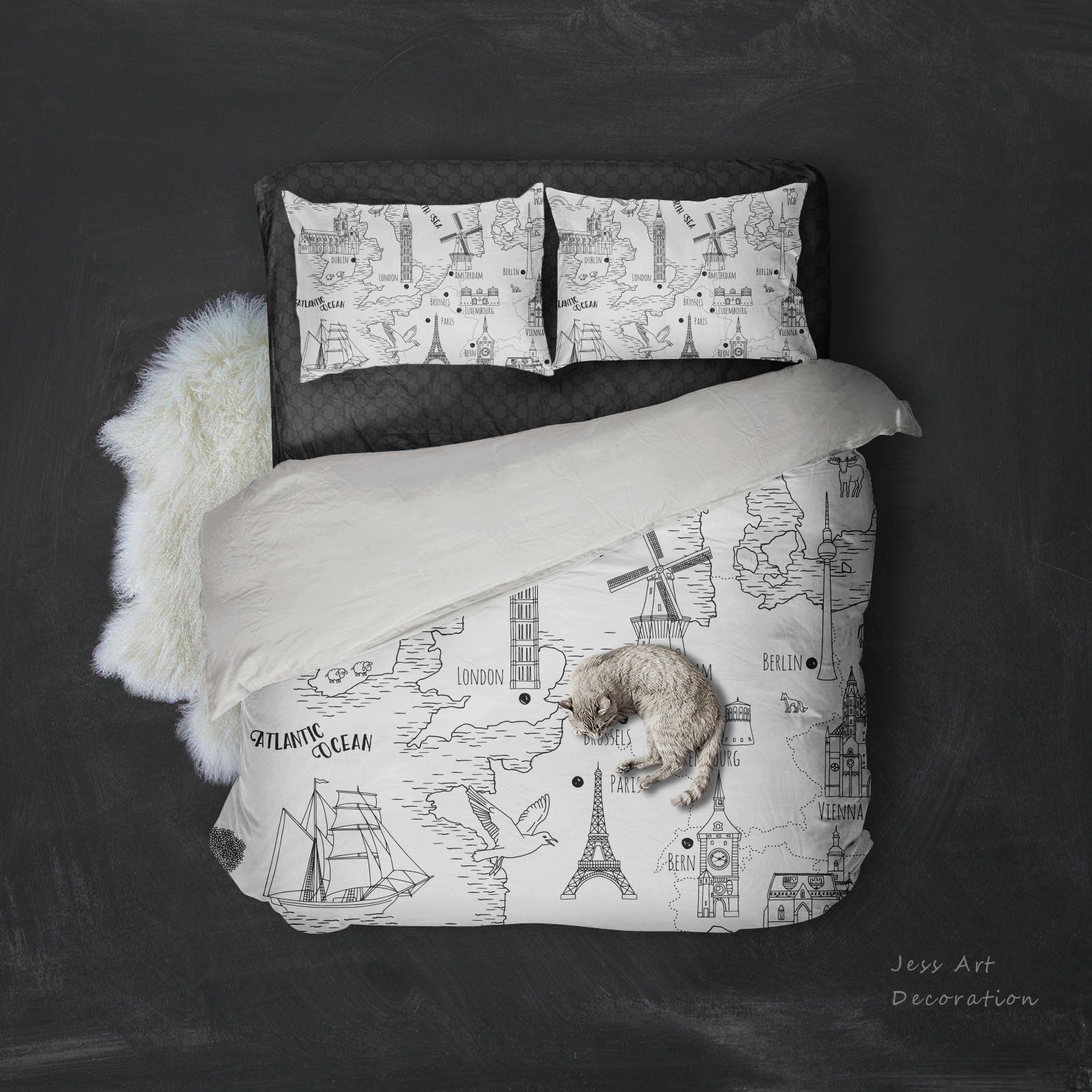 3d Eiffel Tower Big Ben Sailboat Map Bedding Set