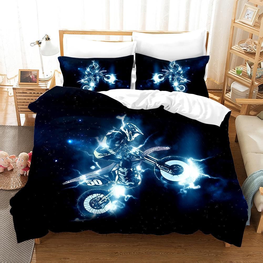 3d Extreme Motorcycle Neon Blue Bedding Set