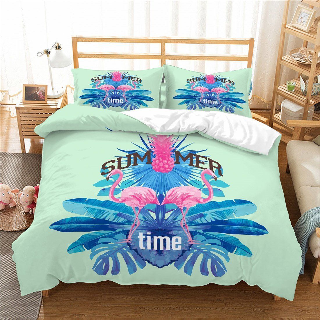 3d Flamingo Blue Feather Summer Time Bedding Set