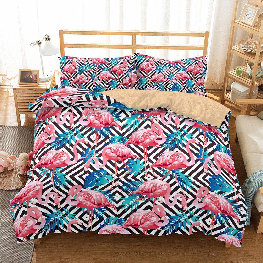3d Flamingo Blue Leaf Bedding Set