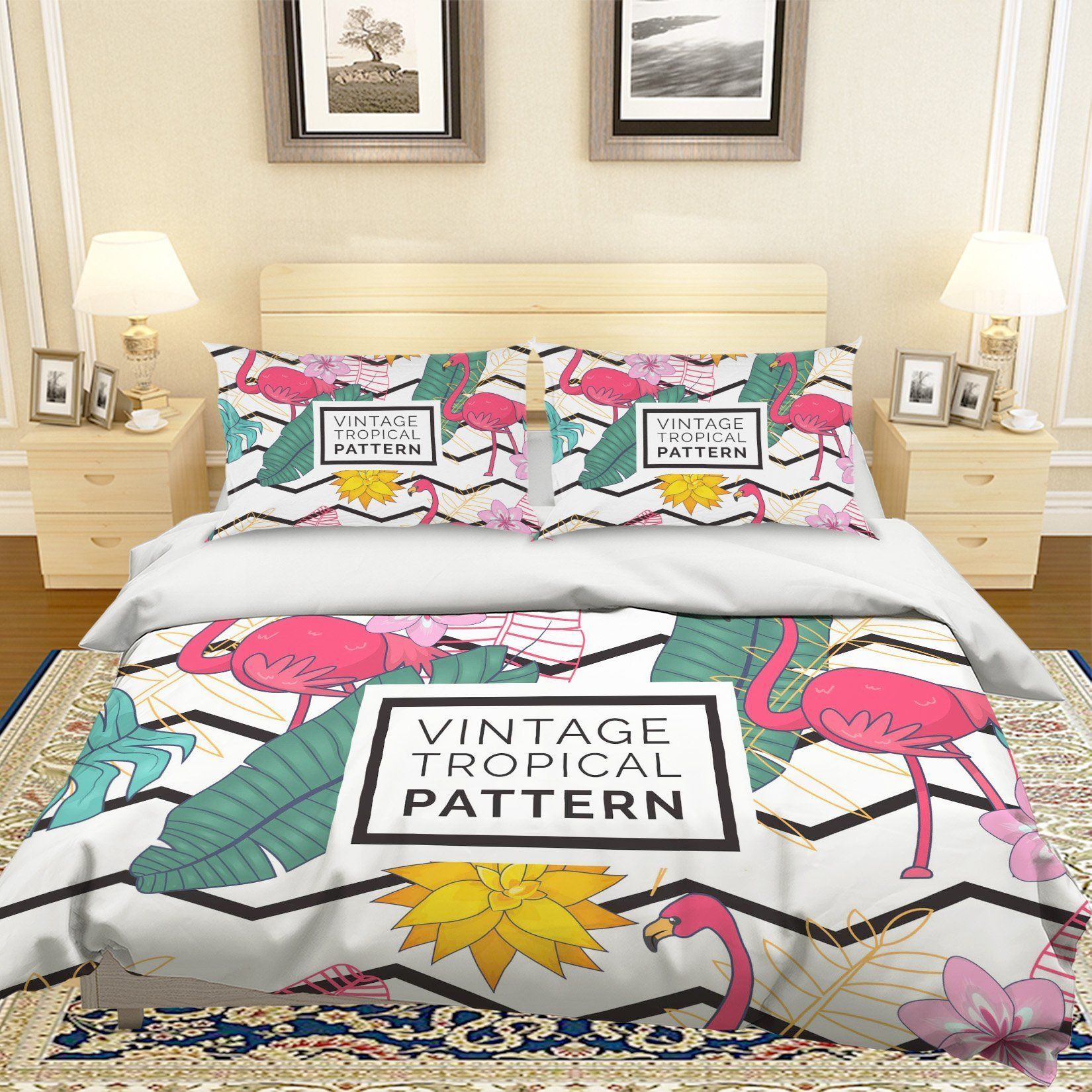 3d Flamingo Leaf Vintage Tropical Pattern Bedding Set