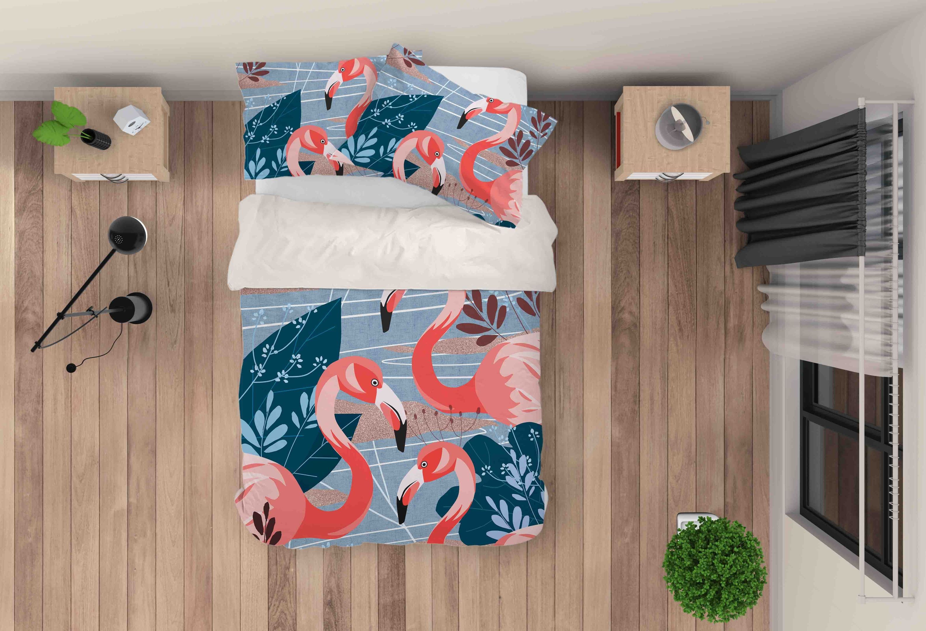 3d Flamingo Leaves Printed Bedding Set