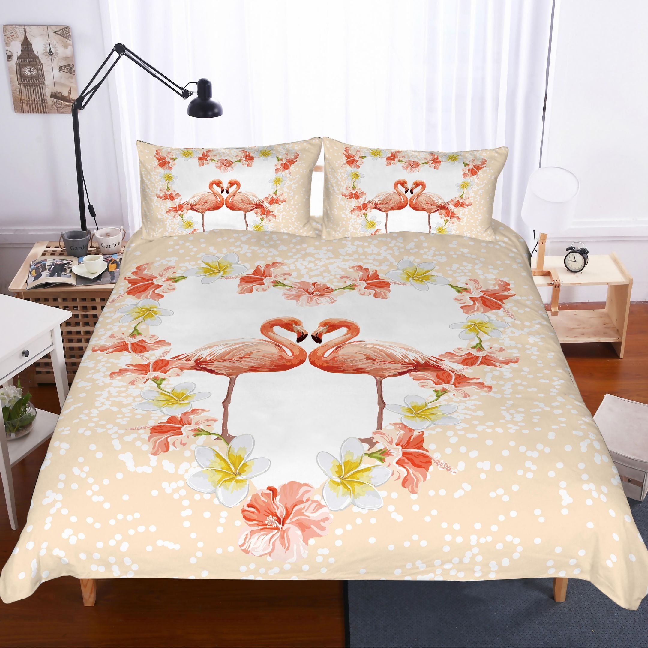 3d Flamingo Love Flower Bedding Set
