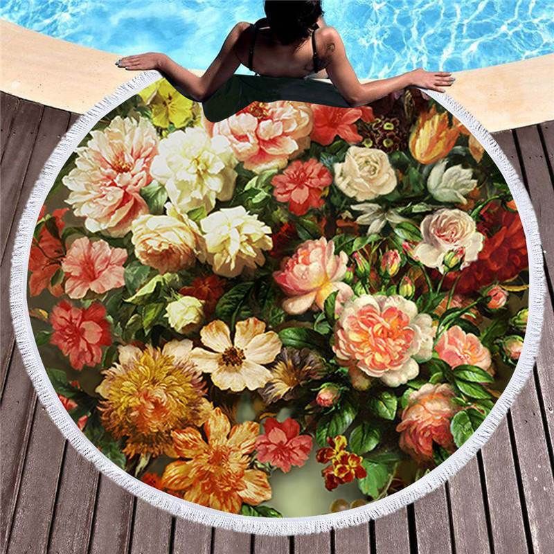3d Flower Oil Painting Printed Round Beach Towel