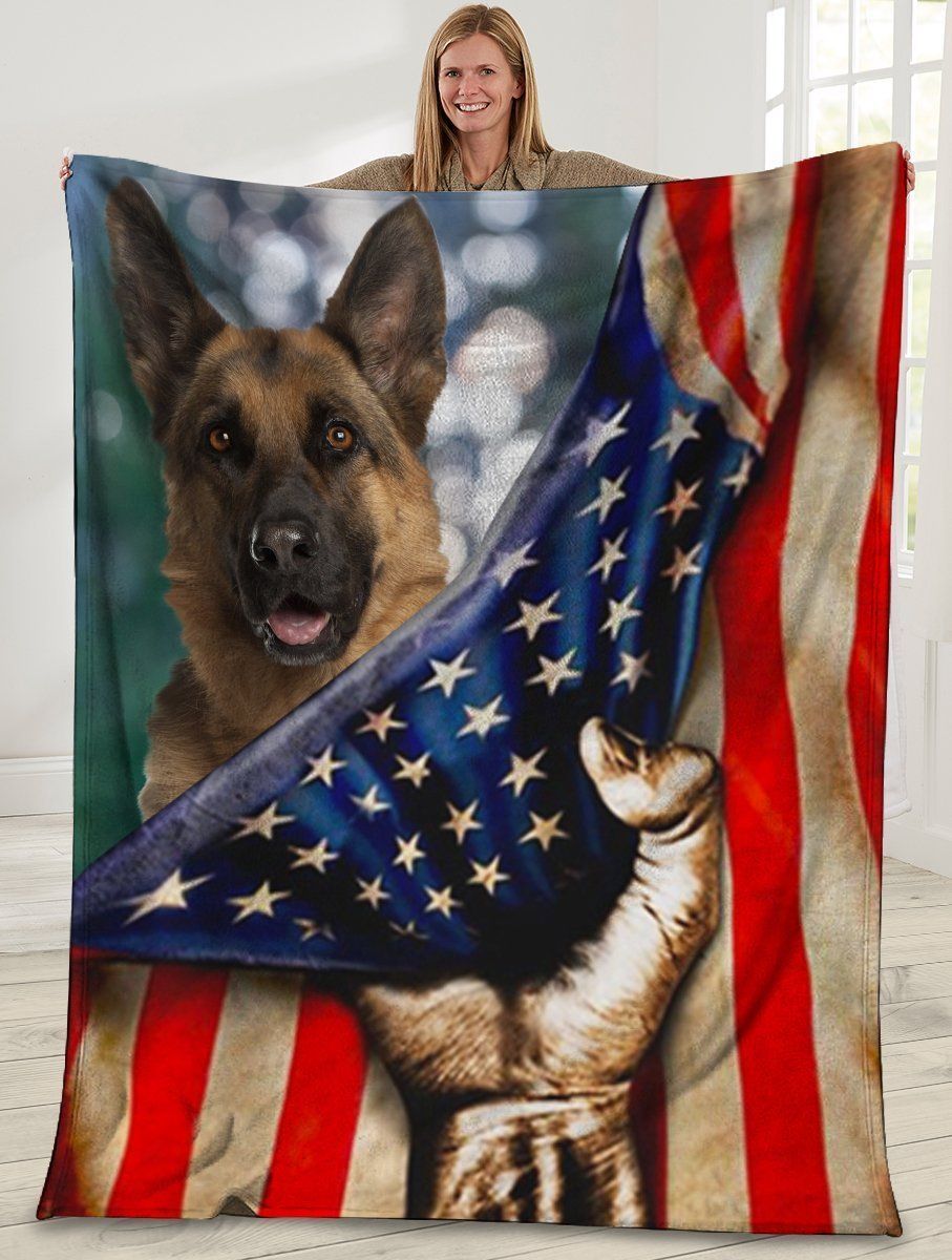 3d German Shepherd Dog American Usa Flag Fleece Blanket