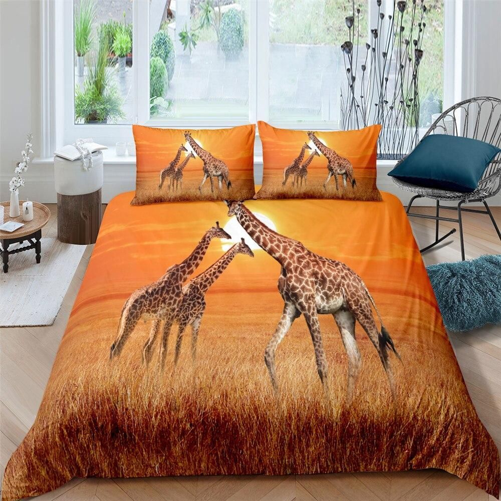 3d Giraffes Sunset Wild Life Bedding Set