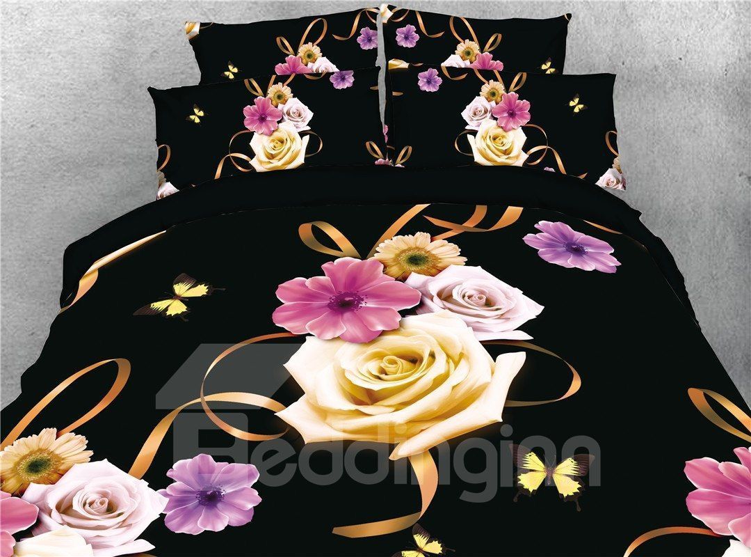 3D Golden Rose and Butterfly Bedding Set