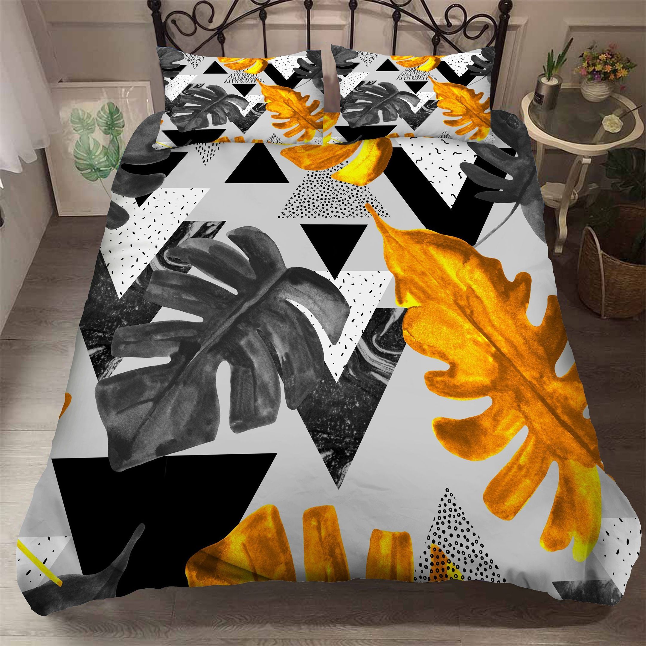 3d Gray Yellow Palm Leaves Triangle Bedding Set