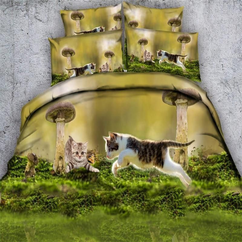 3d Green Grass Cat Mushroom Bedding Set