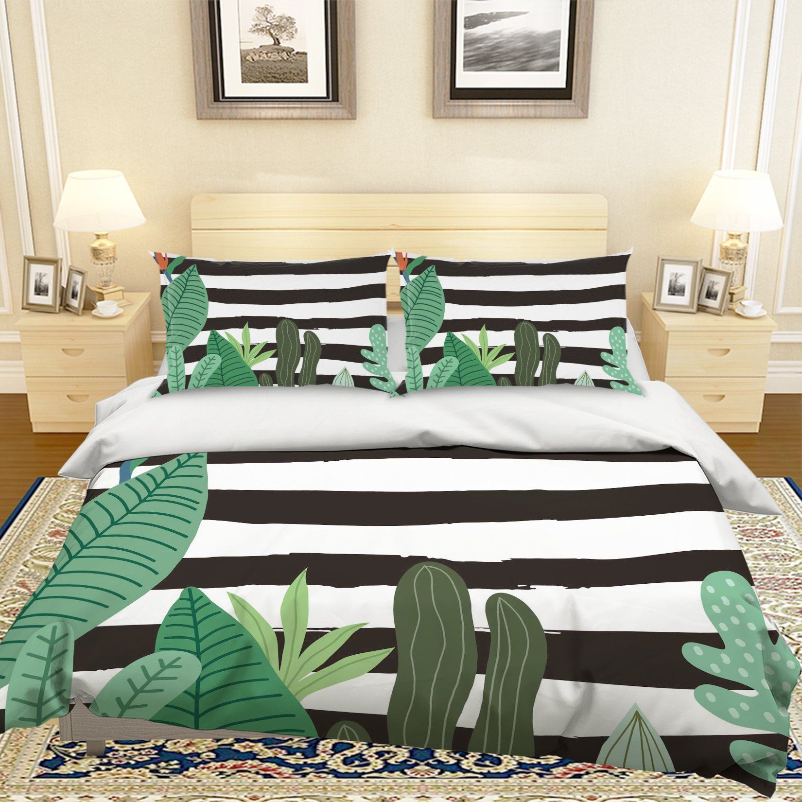 3d Green Leaves Stripes Bedding Set