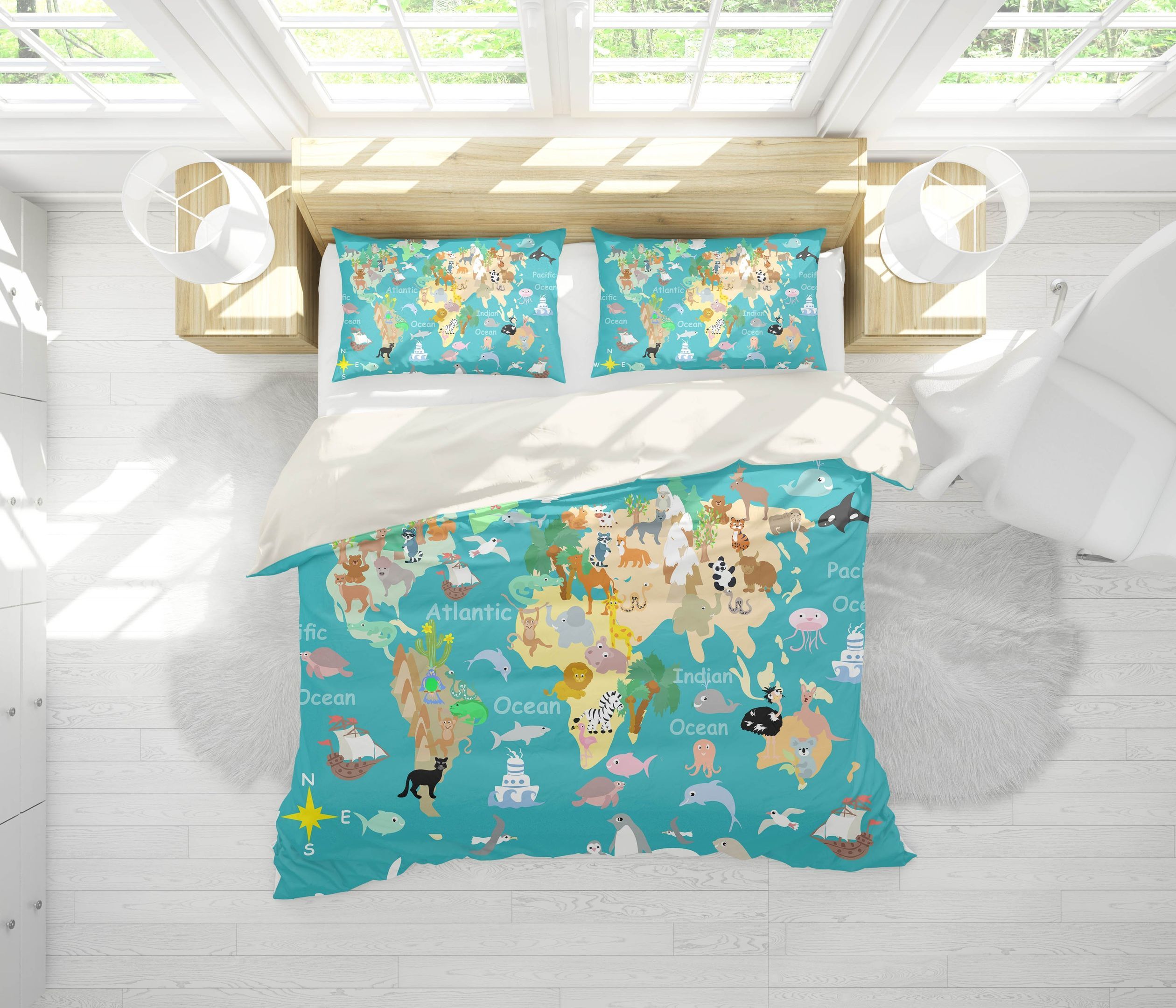 3d Green World Map Travel Time Bedding Set