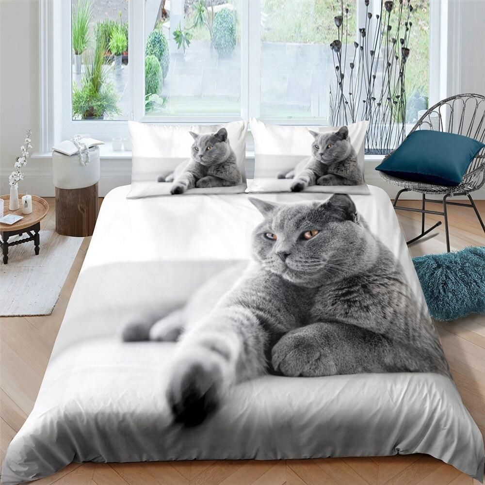 3d Grey Cat On White Bedding Set