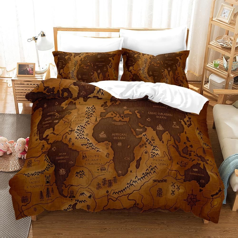 3d Khaki Earth World Map Bedding Set