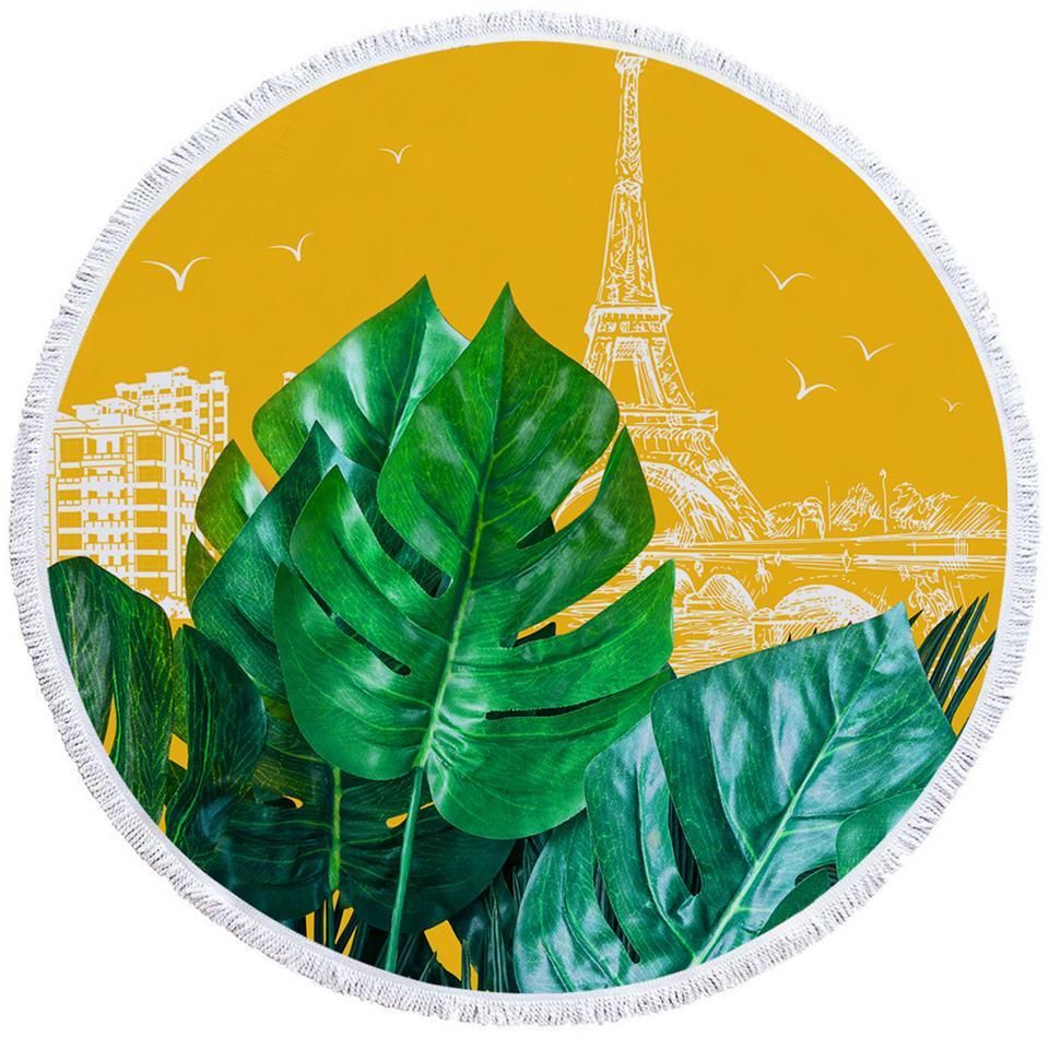 3d Leaves Paris Yellow Round Beach Towel