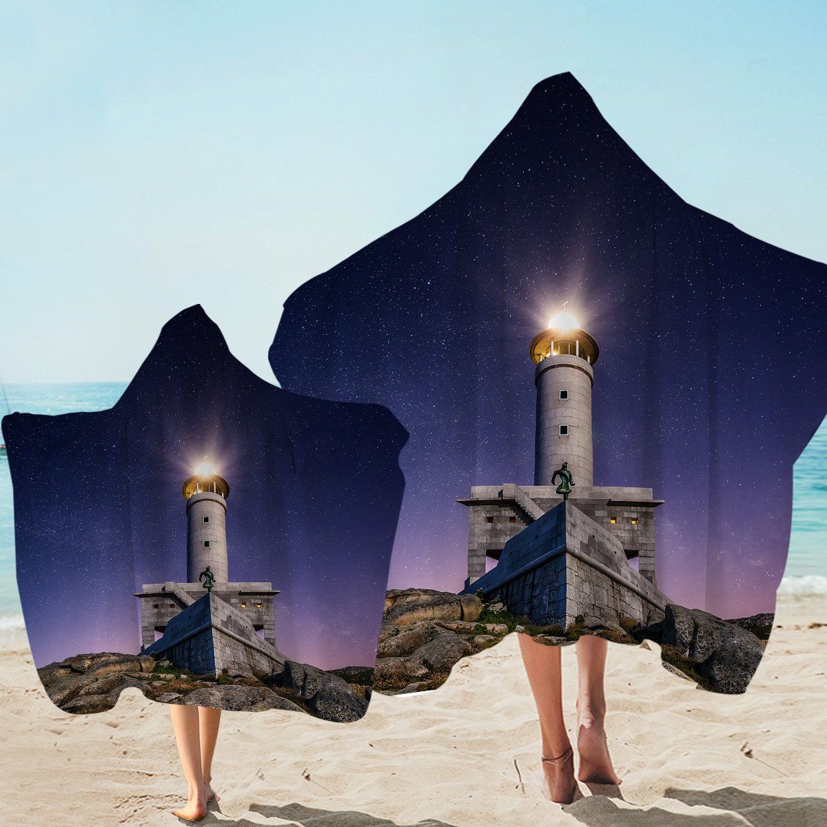 3d Lighthouse Purple Sky At Night Printed Hooded Towel