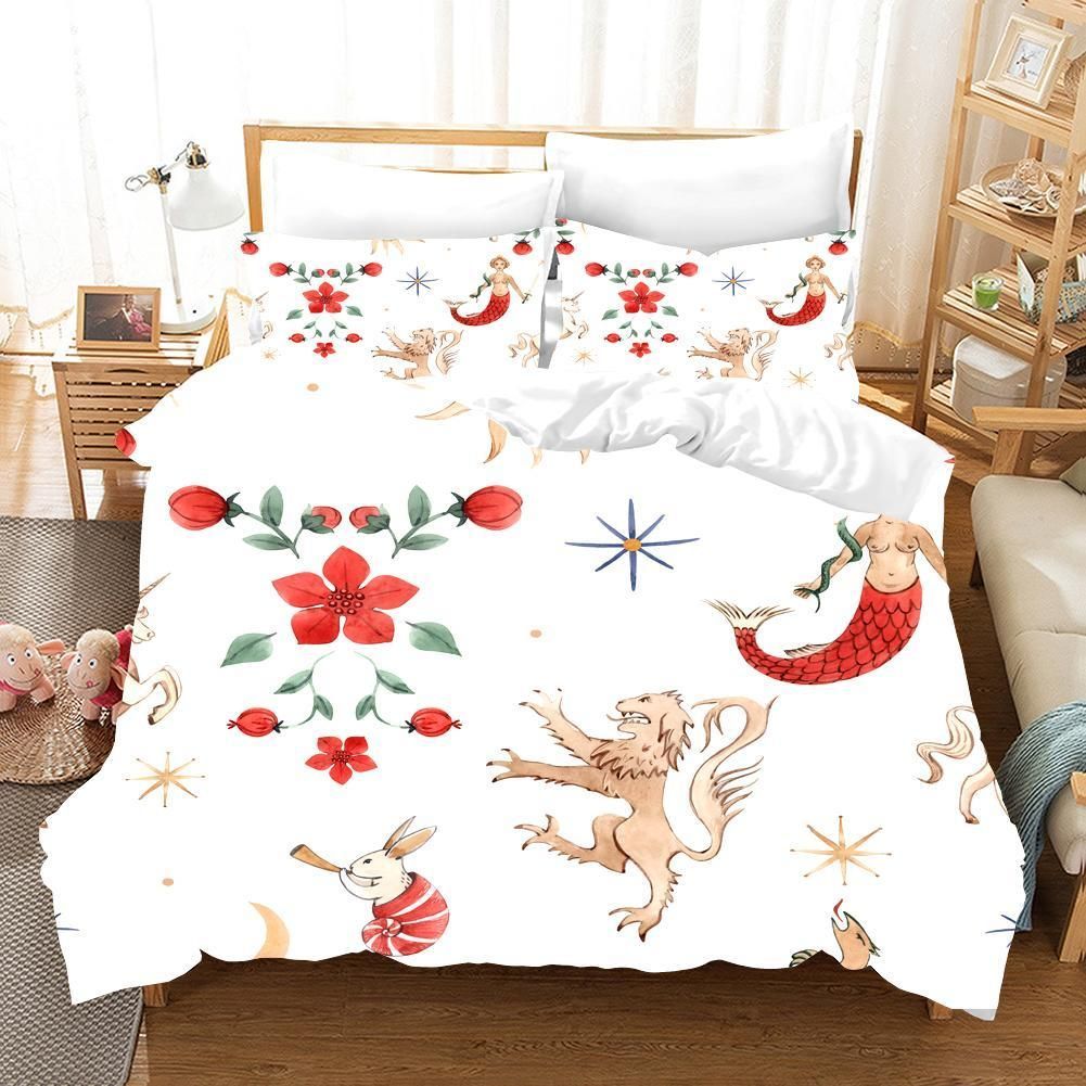 3d Mermaid Red Floral Comfortable Bedding Set