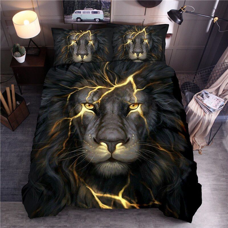 3D Mighty Black Lion Portrait Pattern Bedding Set