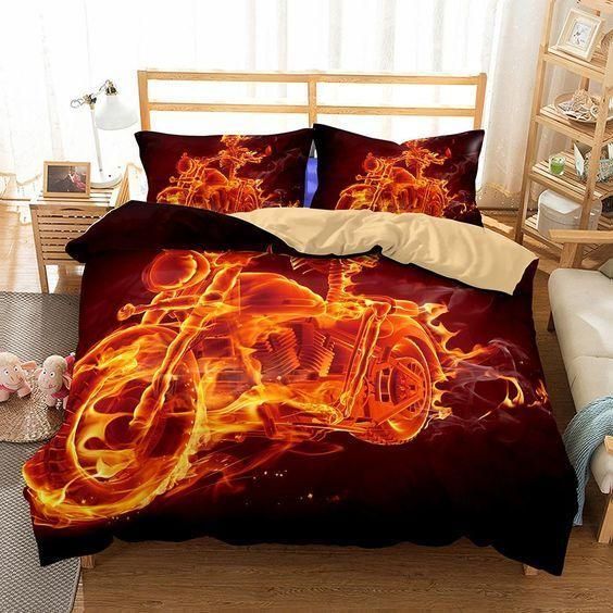3d Motocross Fire Pattern Skull Bedding Set