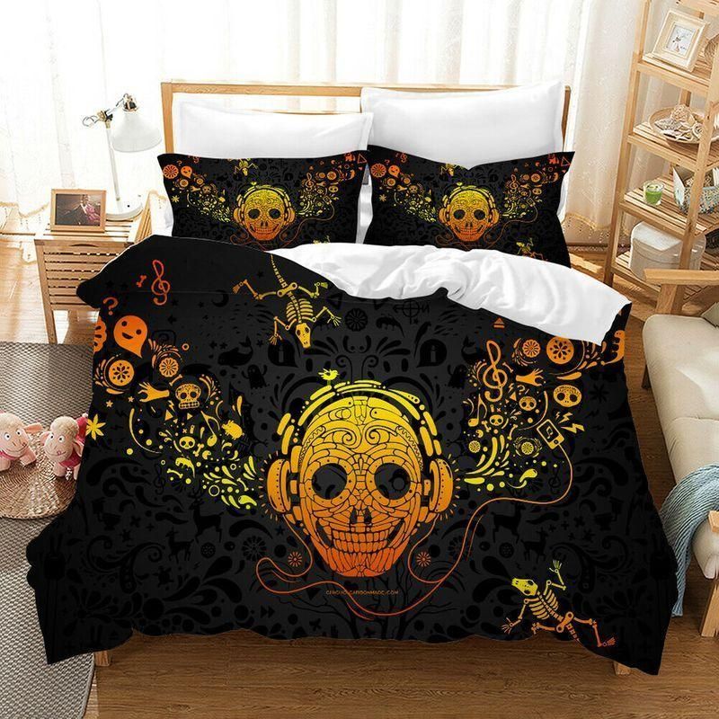 3D Music Skull Golden Printed Bedding Set