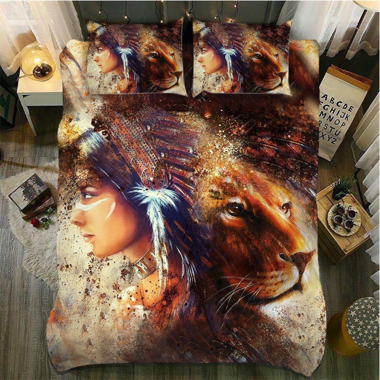 3D Native Girl And Lion Pattern Bedding Set