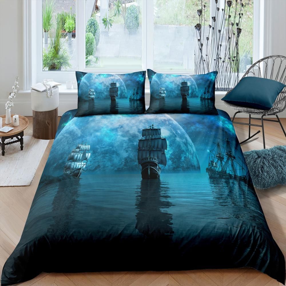 3d Night Ships Reflection Bedding Set