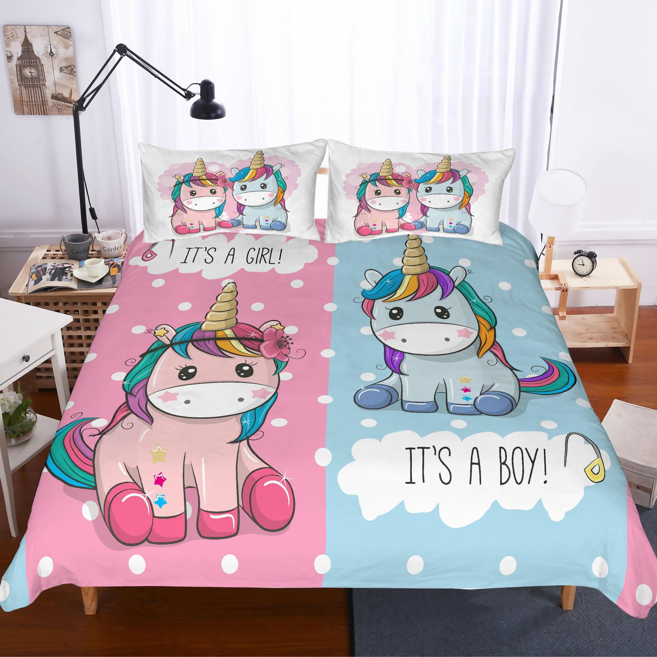 3d Pink Blue Unicorn It’s A Girl Or Boy Bedding Set