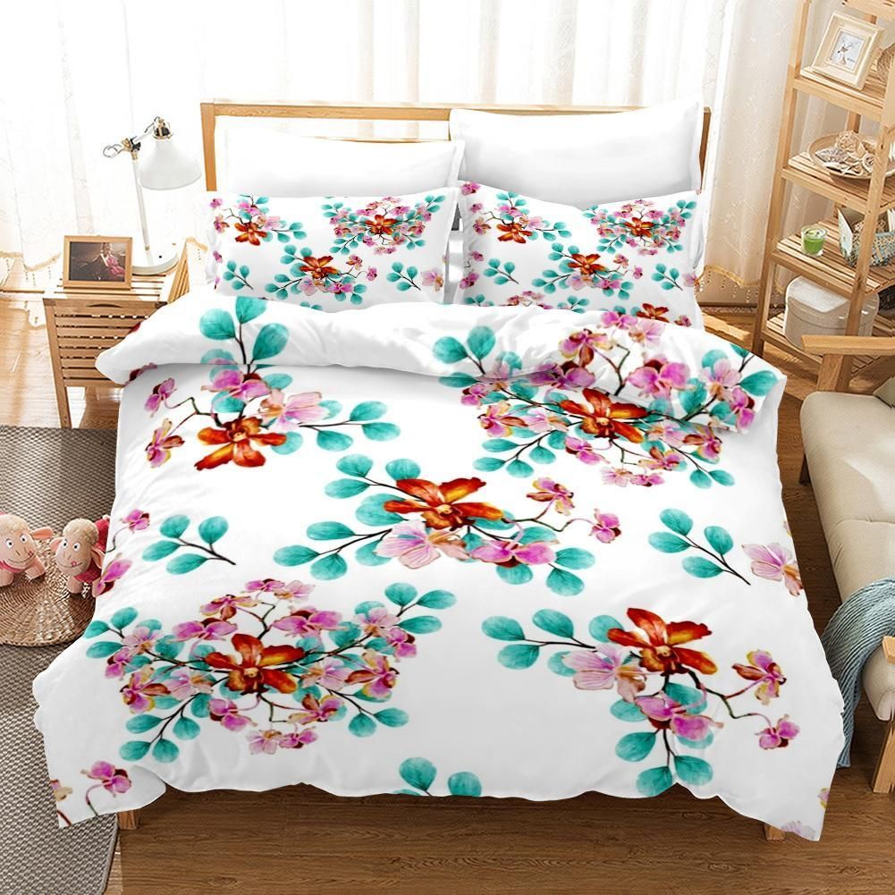 3d Pink Red Flowers Green Leaves Bedding Set