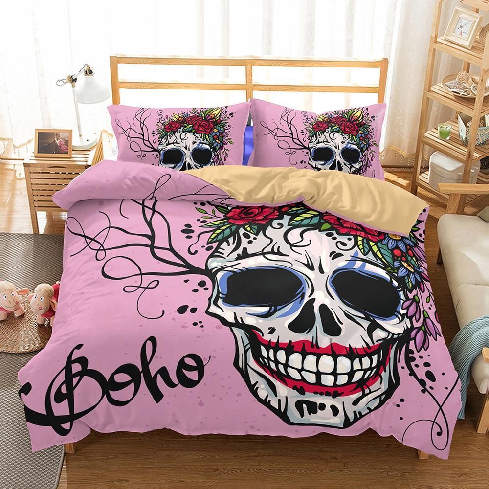 3d Pink Rose Skull Boho Printed Bedding Set