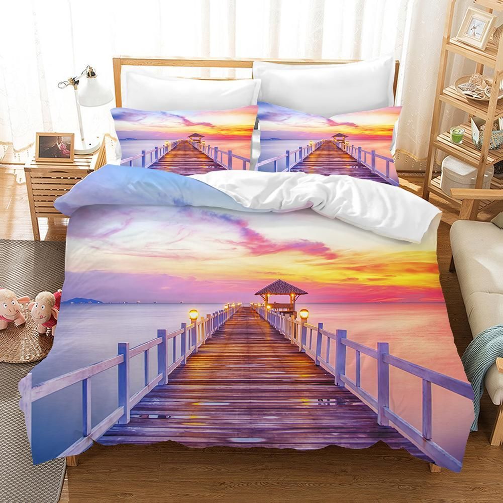 3d Pink Sunrise Trestle Bridge Landscape Comfortable Bedding Set