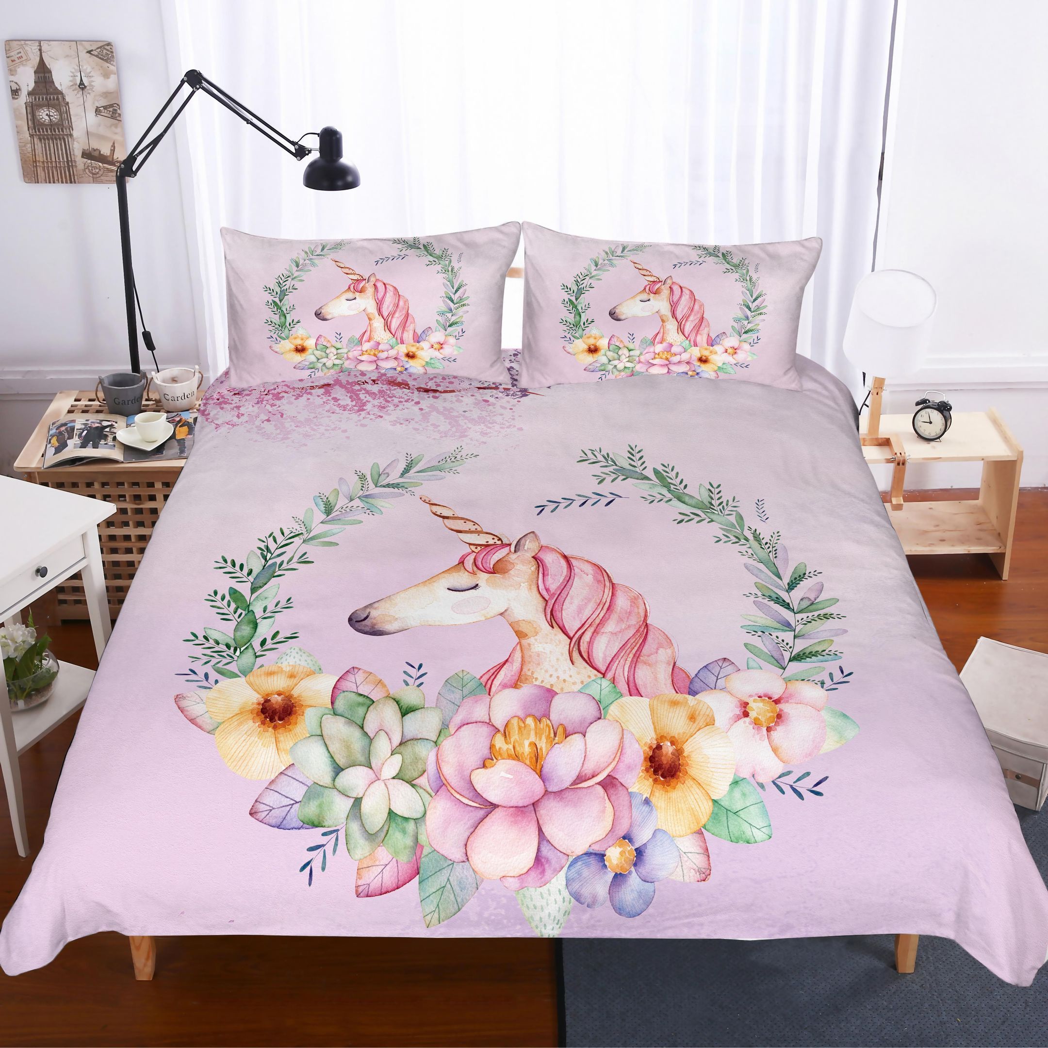 3d Pink Unicorn Flowers Bedding Set