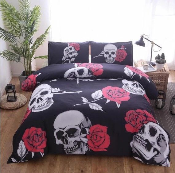 3d Printed Skull Black Rose Red Bedding Set