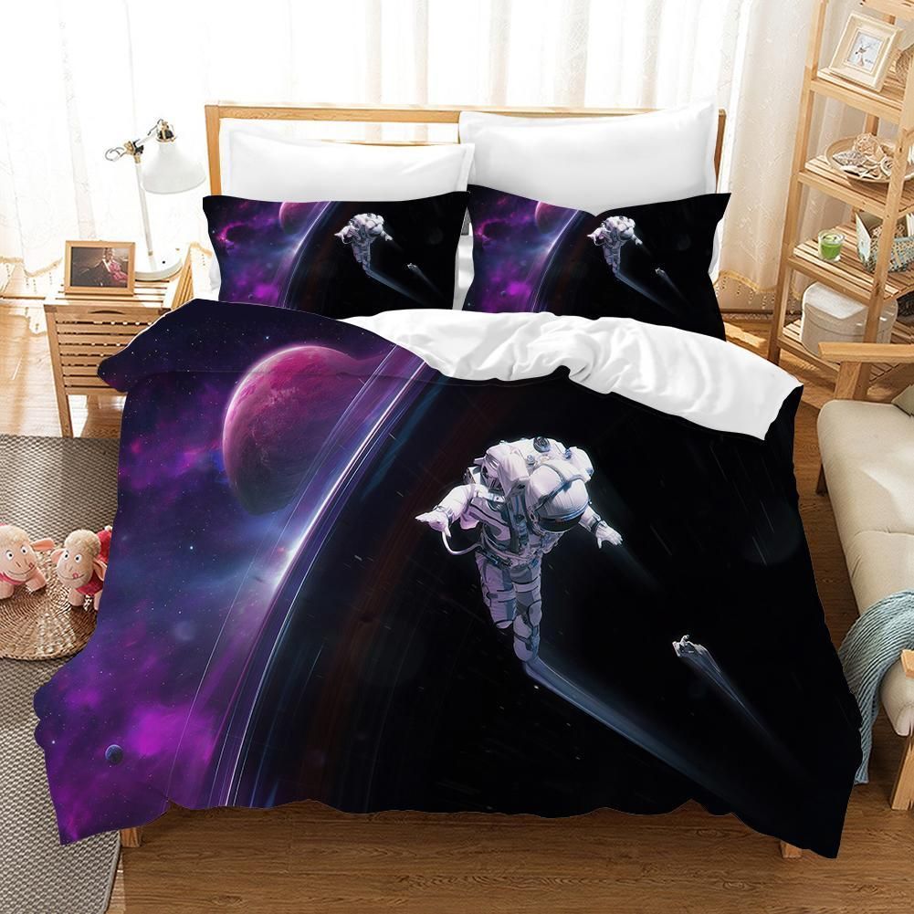 3d Purple Astronaut Planet Universe Bedding Set