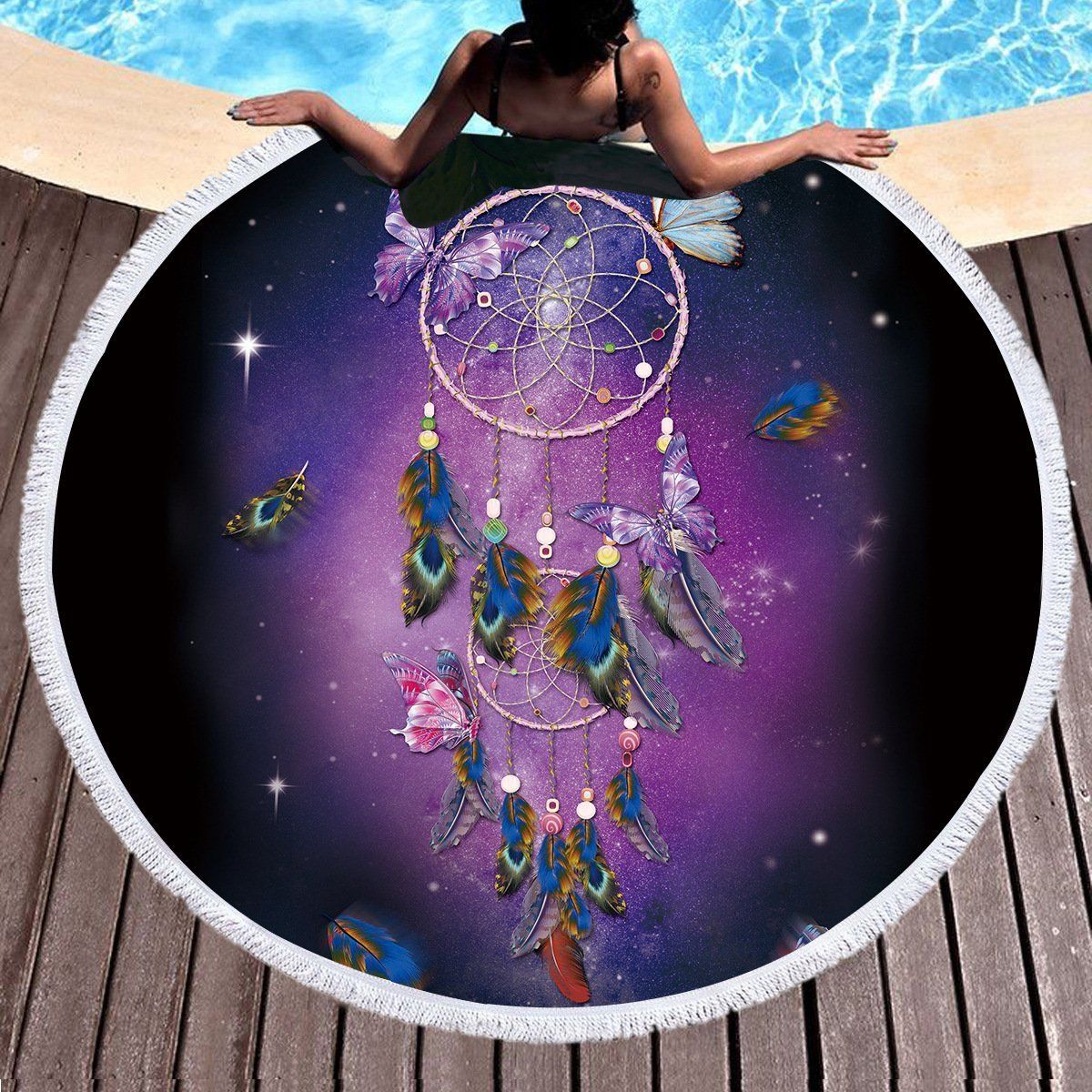 3d Purple Dream Catcher And Butterfly Round Beach Towel