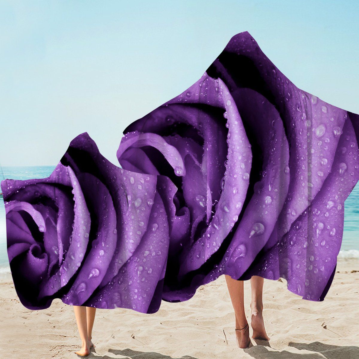 3d Purplish Rose Petal Water Drop Printed Hooded Towel