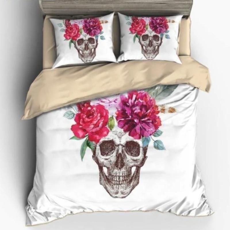 3d Red Flowers Skull Printed Bedding Set