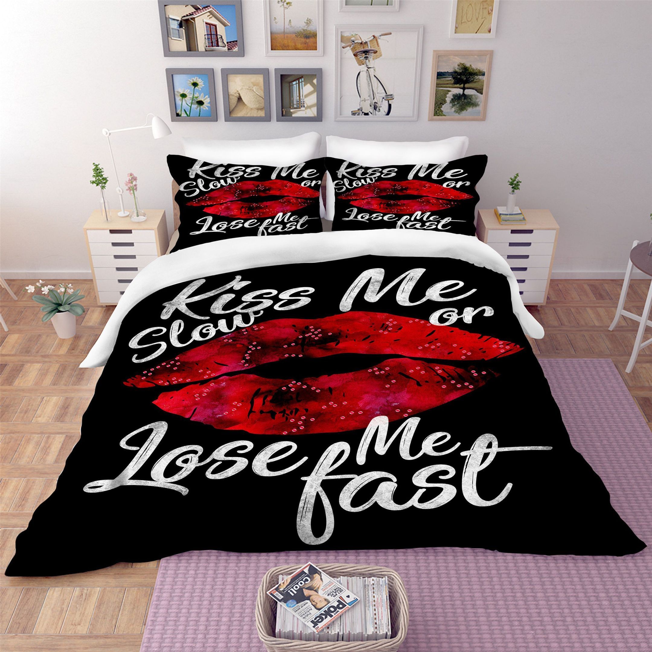 3d Red Lip Black Kiss Me Slow Lose Me Fast Bedding Set
