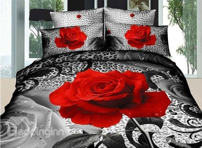 3D Red Rose And Leopard Bedding Set