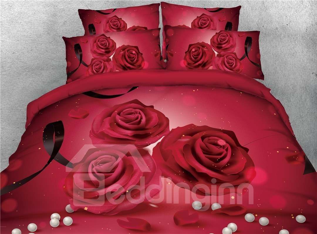 3D Red Rose And Pearl Luxury Bedding Set