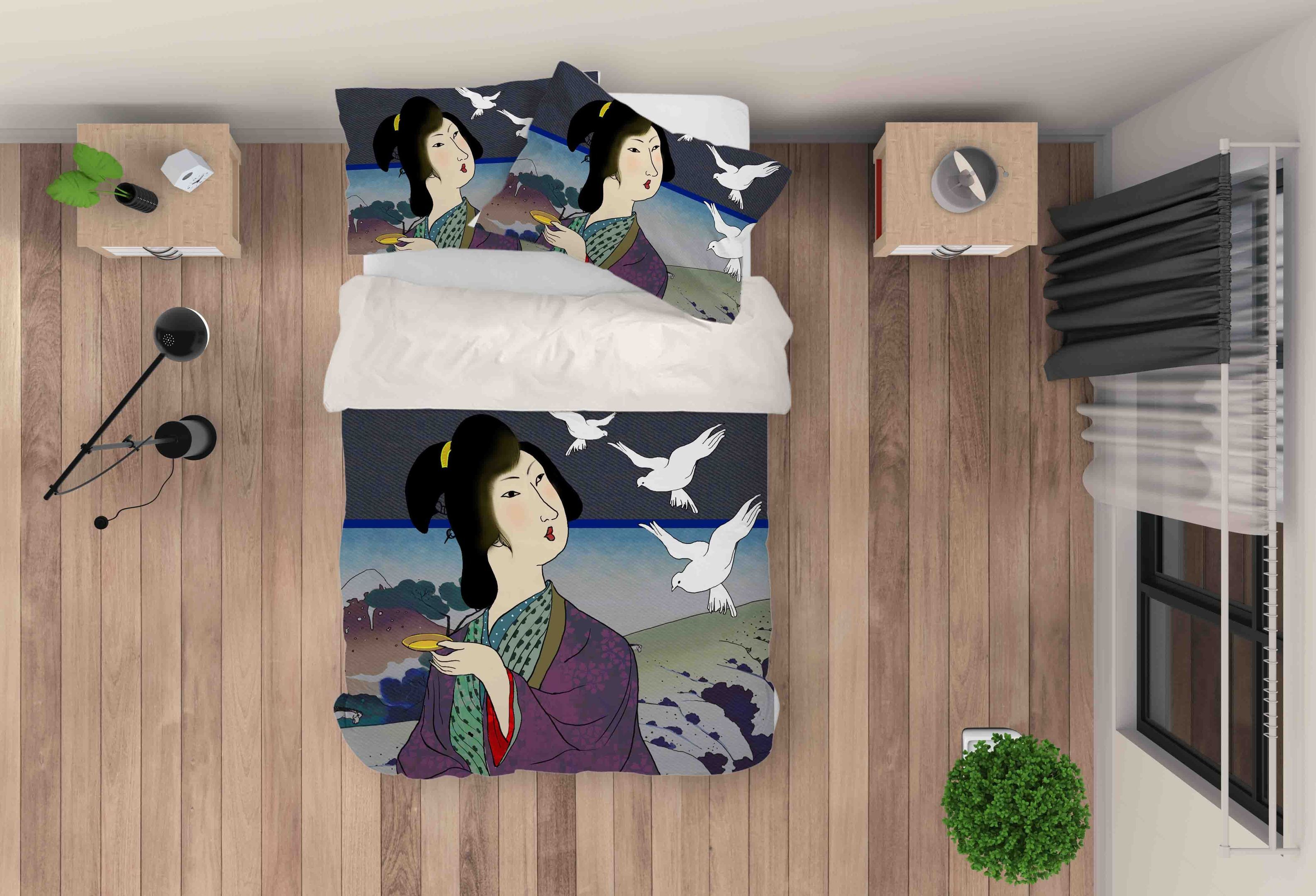 3d Retro Kimono Beauty Crane Bedding Set