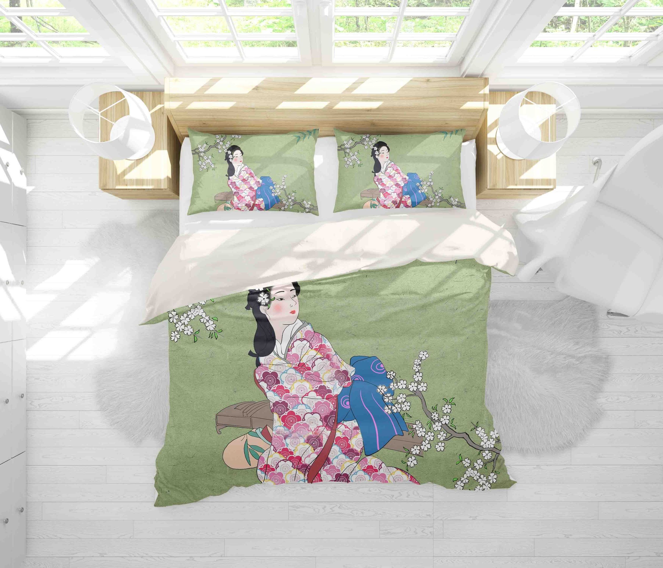 3d Retro Kimono Woman Peach Blossom Bedding Set