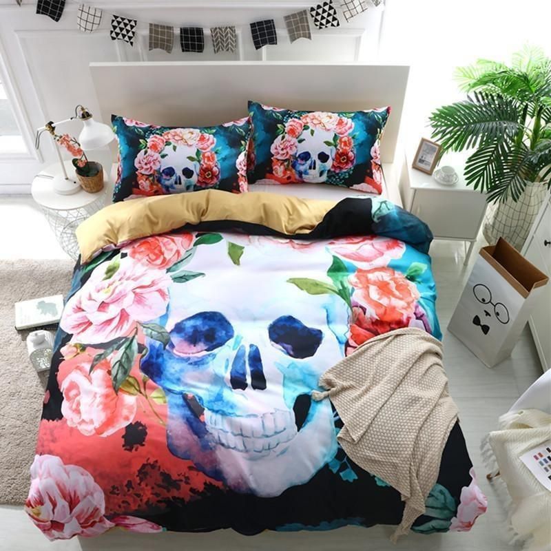 3d Rose Sugar Skull In Vibrant Color Bedding Set