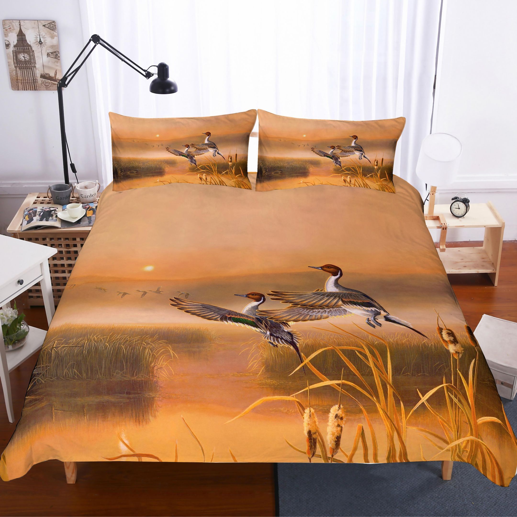 3d Setting Sun Lake Animals Birds Bedding Set