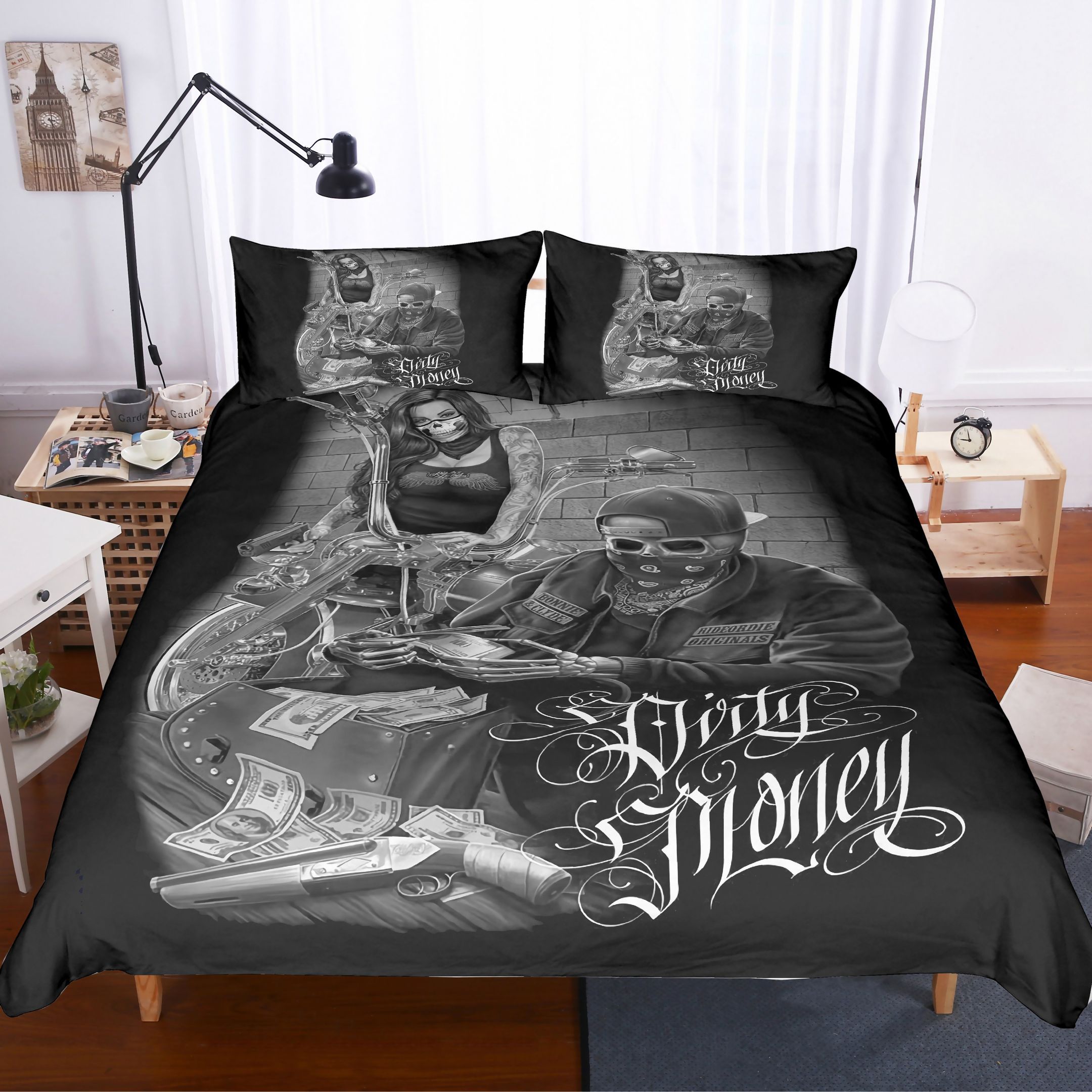 3d Skeleton Beauty Motorcycle Bedding Set