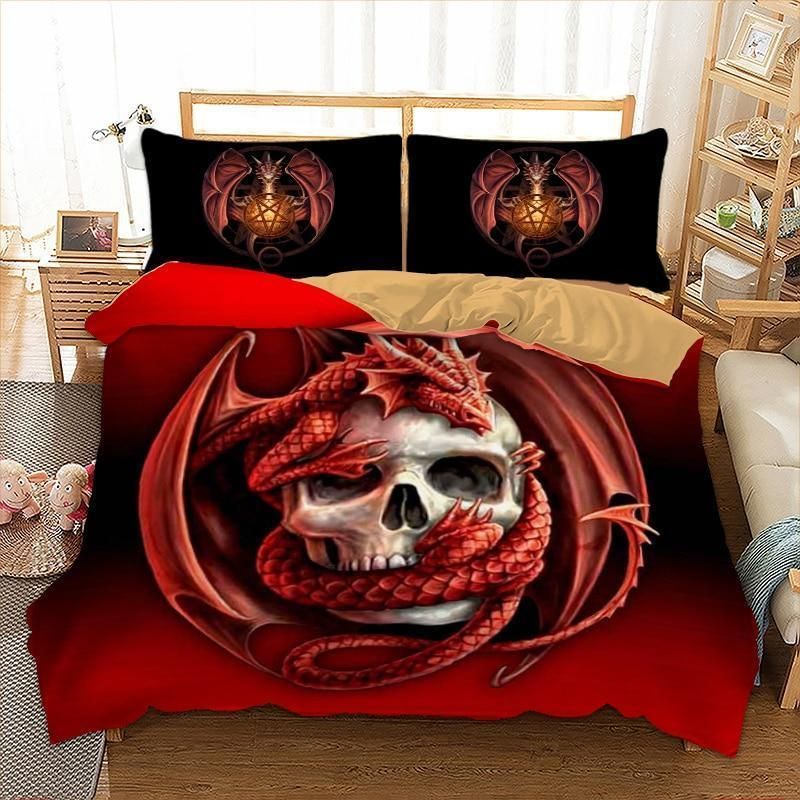 3D Skull And Dragon Red Bedding Set