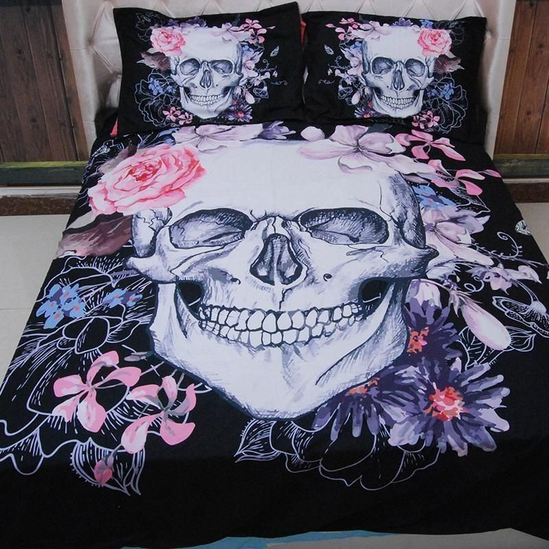 3D Skull Black Skull Pink Floral Pattern Bedding Set