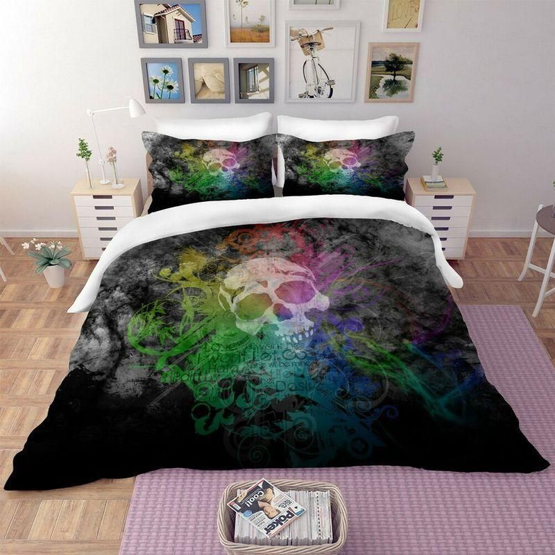 3D Skull Black Watercolor Printed Bedding Set