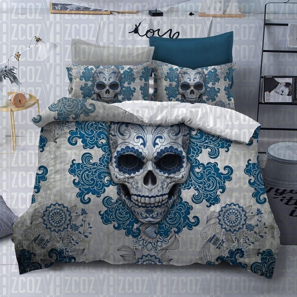 3d Skull Blue Flowers Bedding Set