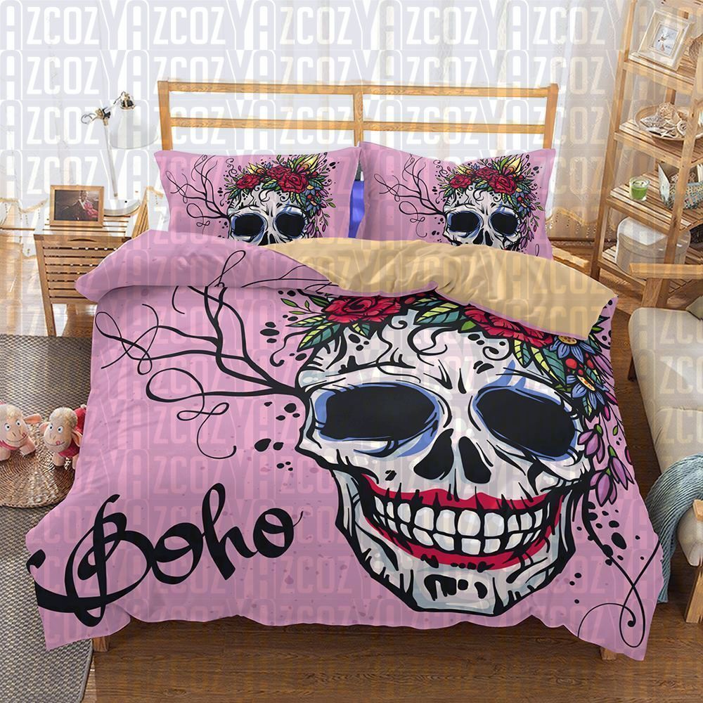 3d Skull Boho Flower Bedding Set