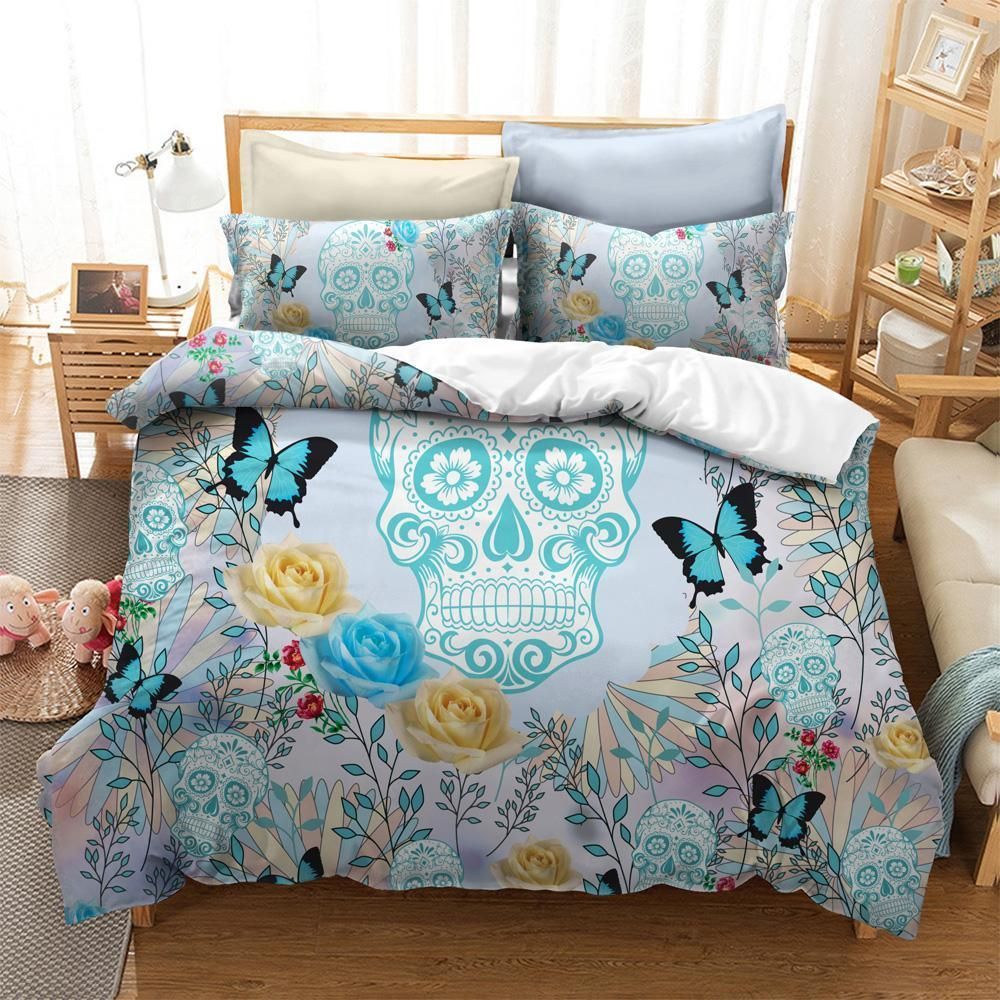 3d Skull Butterfly Blue Roses Bedding Set