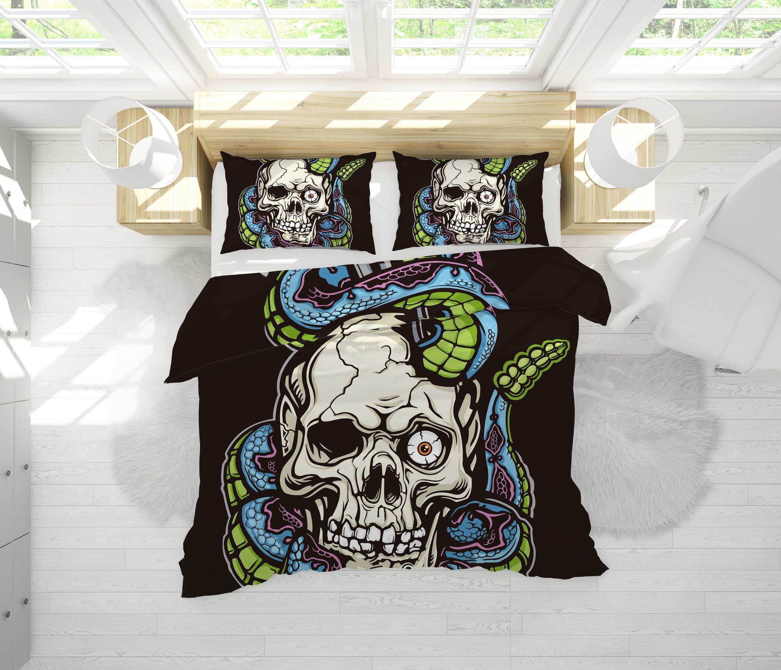 3d Skull Green With Snake Bedding Set